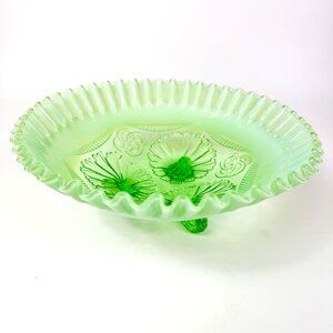 Jefferson Glass Green Opalescent Ruffles and Rings 3 Footed Bowl # 208